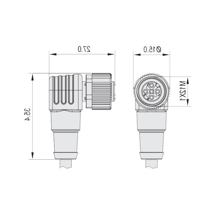 M12 3Pin、母头90°、带LED灯、单端预铸电缆、防焊渣PUR材质、橙色护套、64T023-XXX