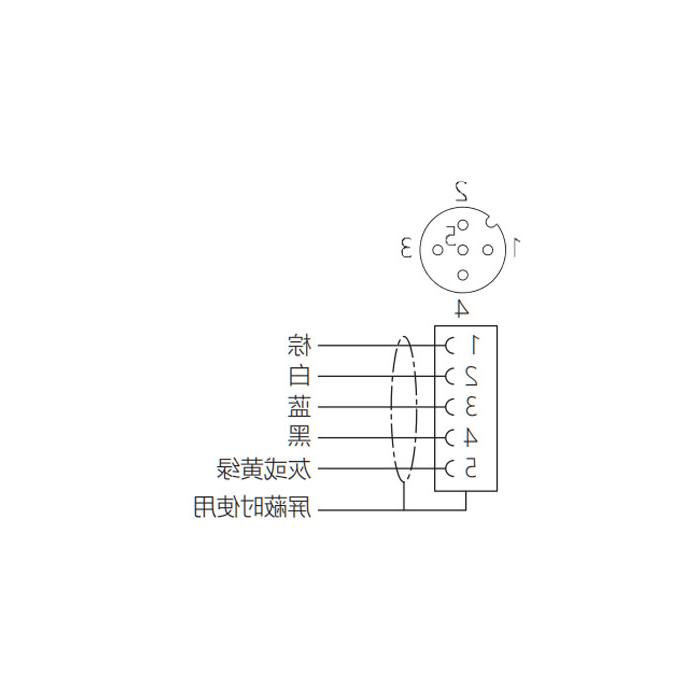 M12 5Pin、母头90°、单端预铸电缆、防焊渣PUR材质、黄色护套、64T541-XXX